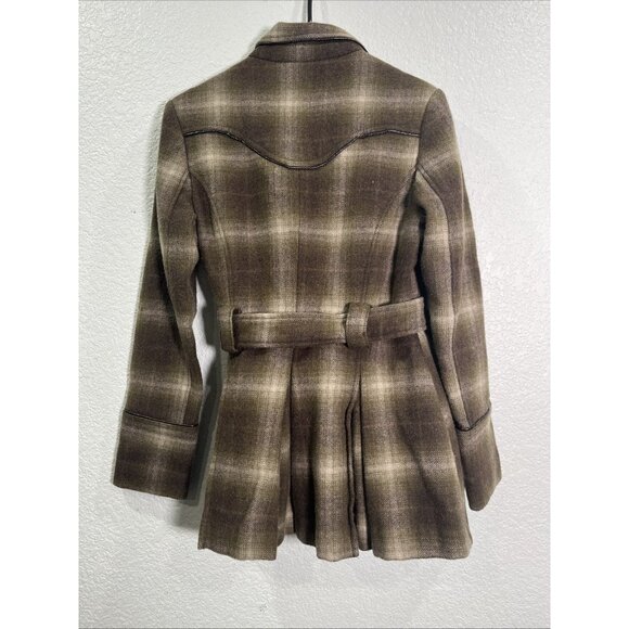 Stetson Double Breasted Pea‎ Coat Womens S Green Wool Tweed Plaid Belted Western - Picture 5 of 7